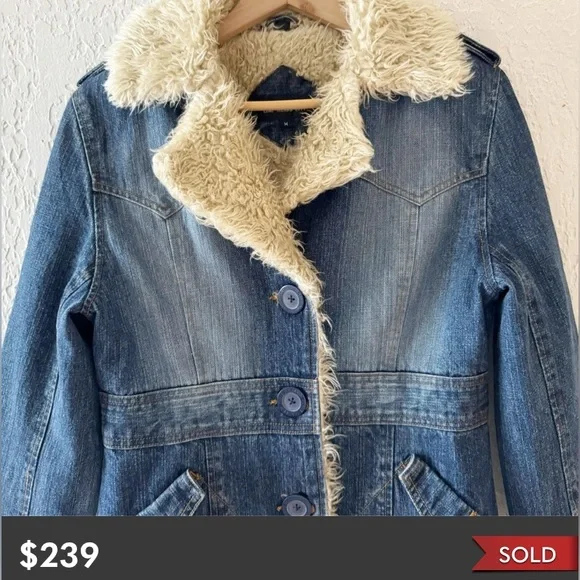 Retro STEVE MADDEN Coat Vintage LONG ISLAND CITY Penny Lane Denim Fur Size Large - Picture 6 of 13